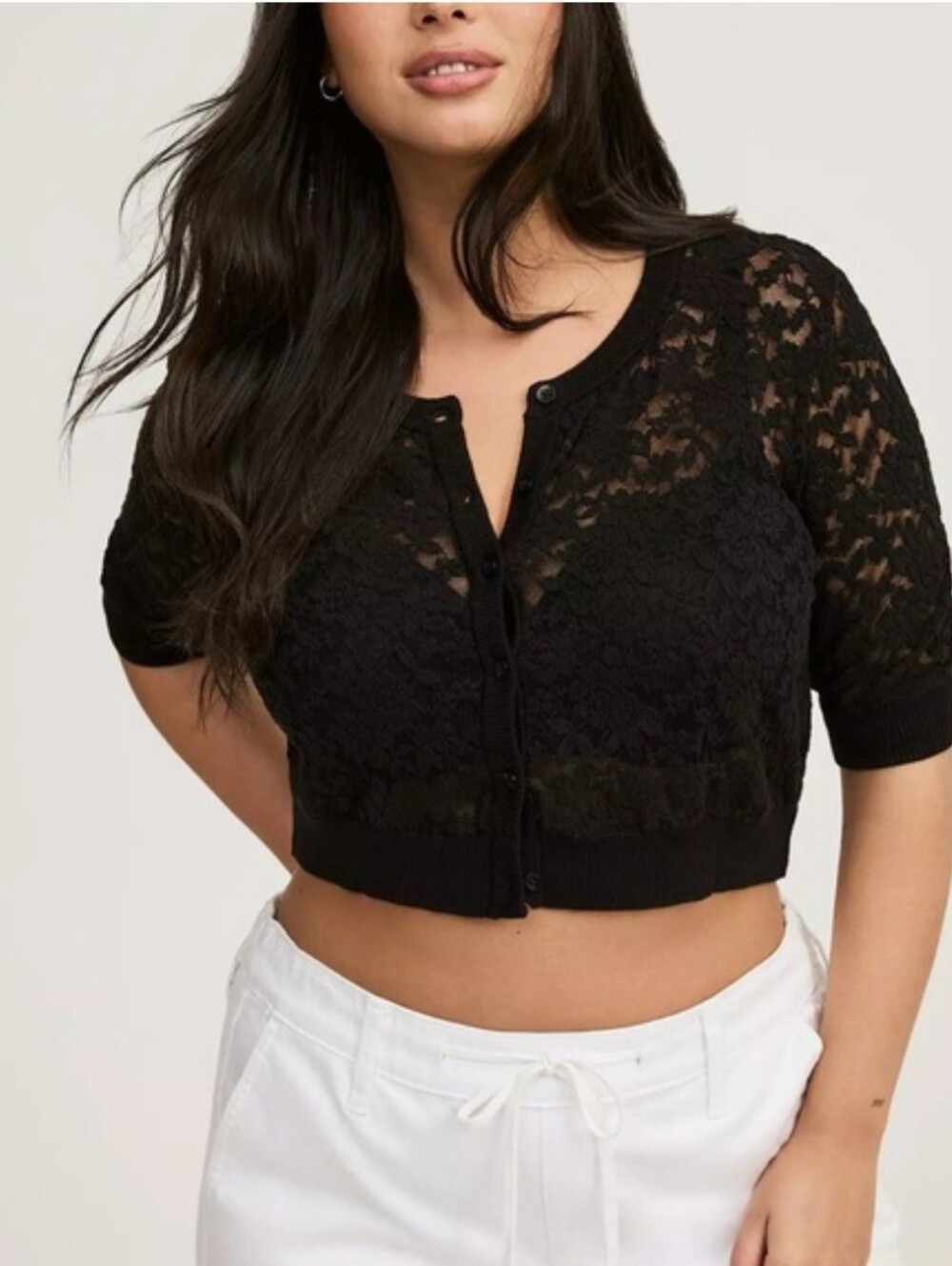 Torrid Lace Cropped Shrug Button Front Cardigan Sweater Black 5 5X 28 NWT
